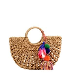 Tan Knitted Straw Carry Satchel Basket Bag